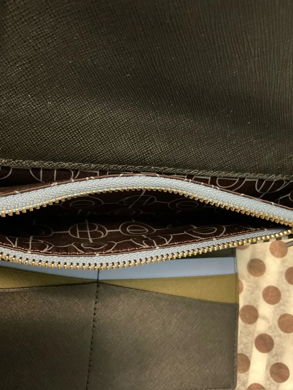 Henri Bendel West 57th Trifold Wallet Light Blue, Black and Olive w Dust Bag